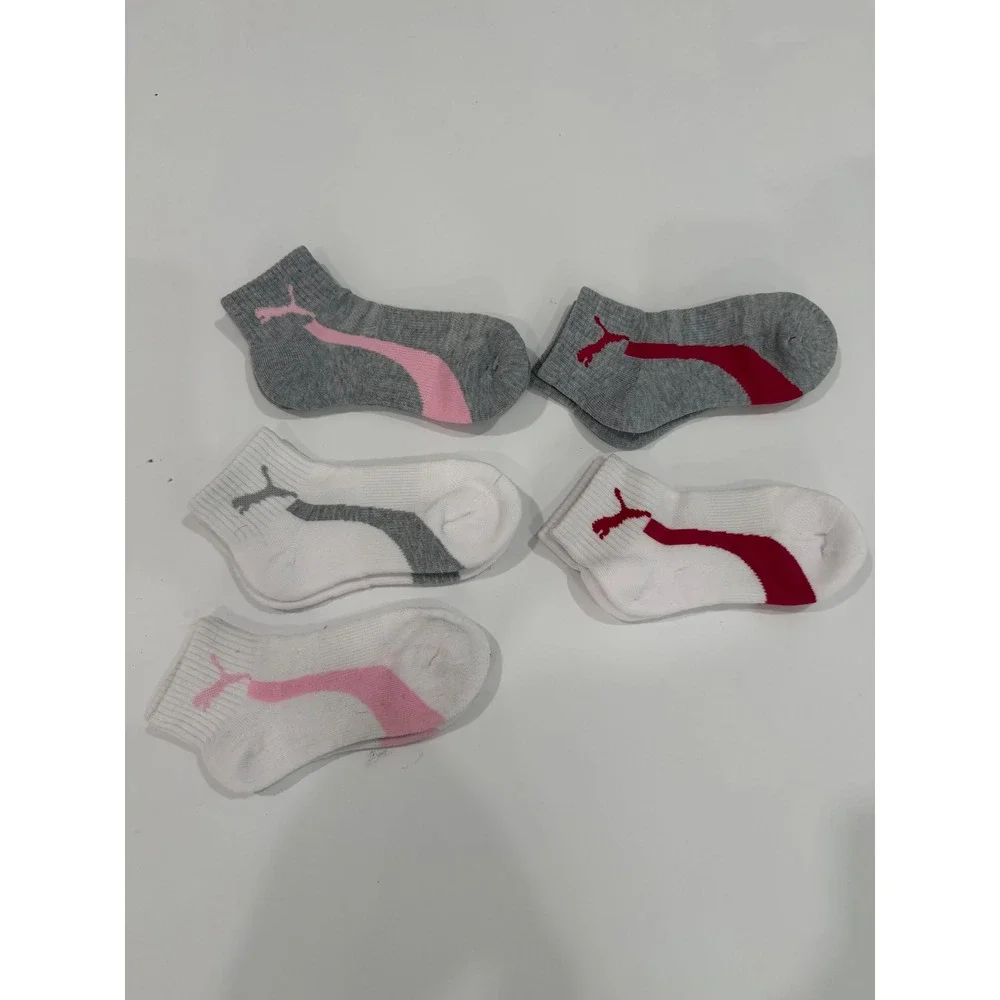 Puma Girls Ankle Socks Multi Pack Grey White Pink Red Medium Shoe Size 9-3.5 (5)